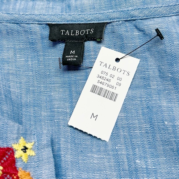 Talbots Embroidered Linen Blend Pop Over Chambray Blouse Medium NWT - Picture 4 of 8